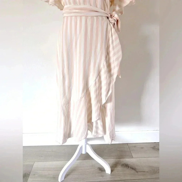 Rachel Parcell Linen Blend Wrap Dress Pink and White‎ Striped Ruffle Midi Small - Picture 7 of 13